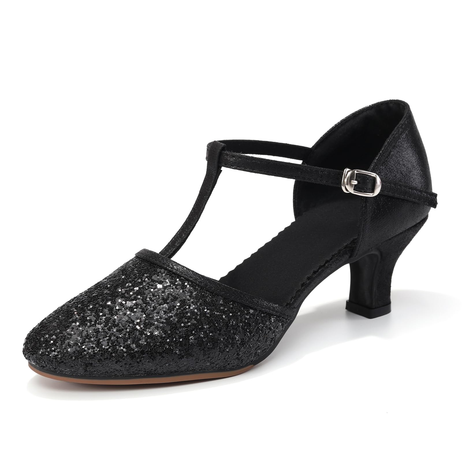 YCALCP Women Latin Dance Shoes Sequin Closed Toe T-Strap Ballroom Salsa Tango Party Performance Dance Shoes,FT-135-Black-5.5,US 5