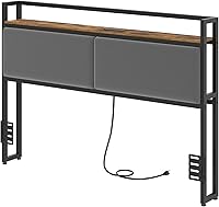 Yatiney Queen Size Upholstered Headboard with Charging Station, Open Storage Shelf, Height Adjustable - Vintage Rustic Brown/Gray/Black
