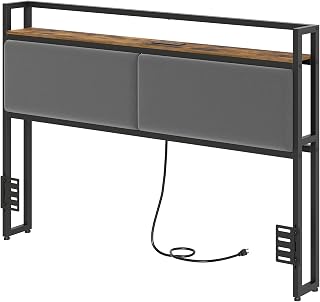 YATINEY Queen Upholstered Headboard with Charging Station, Open Storage Shelf, Height Adjustable, Rustic Brown/Gray/Black