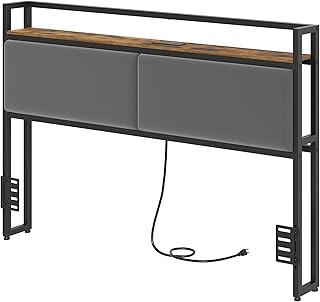 Queen Size Headboard Only, Upholstered Queen Headboard with Charging Station, Head Board with Open Storage, Height Adjustable, Vintage Style, Sturdy and Stable, Rustic Brown, Gray and Black