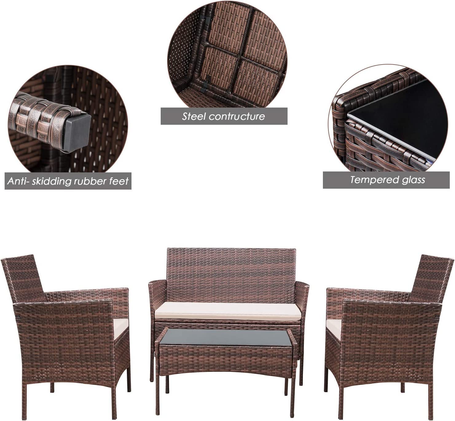 Conjunto Jardin Exterior Muebles Terraza Exterio de Ratán Marrón 4 Piezas Set,2 Sillones,1 Sofá de Doble Asiento y 1 Mesa para 4 Personas para Patio Terraza Exterior