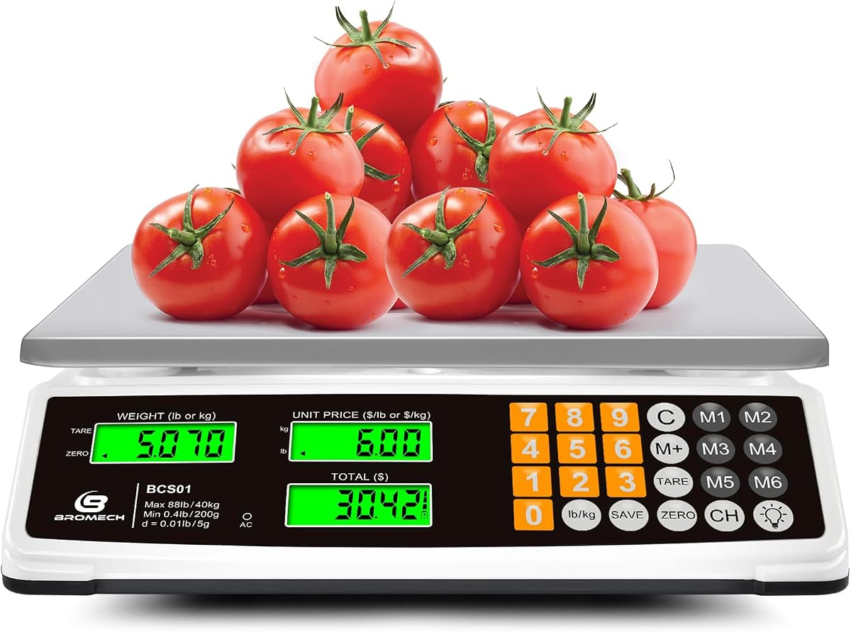 Price Computing Scale 88lb/40kg Commercial Food Scale for Produce Meat Weighing, LCD Display and Green Bright Backlight for Farmers Markets, Meat Shop, Deli, (Not for Trade) | Stainless Steel Platform, Dual LCD Display, Rechargeable Battery, KG/LB Conversion, For Farmers Market