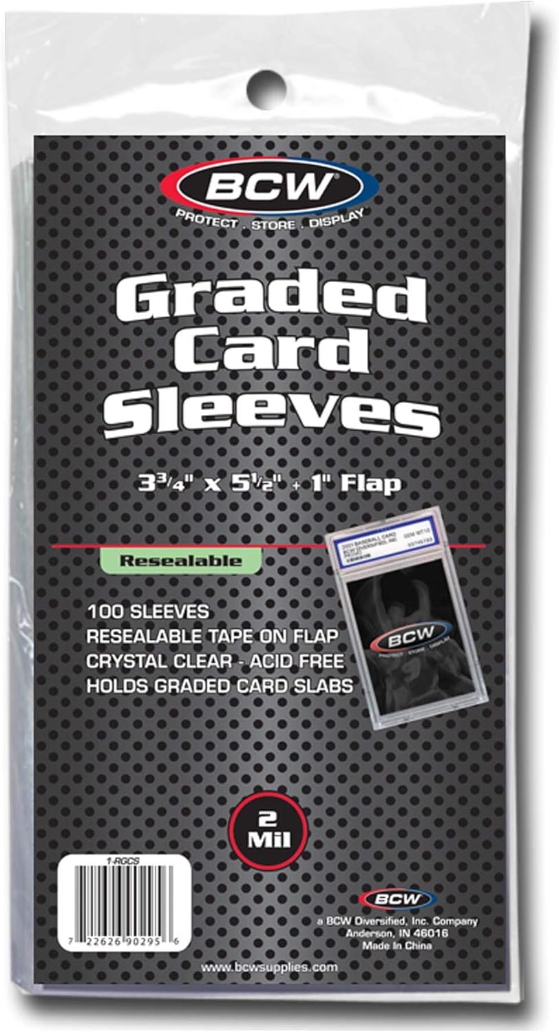 BCW Resealable Graded Card Sleeves | 100 Pack | Universal Fit for PSA, Beckett, SGC & More | Acid-Free Archival Polypropylene | 3¾ x 5½ with 1” Flap