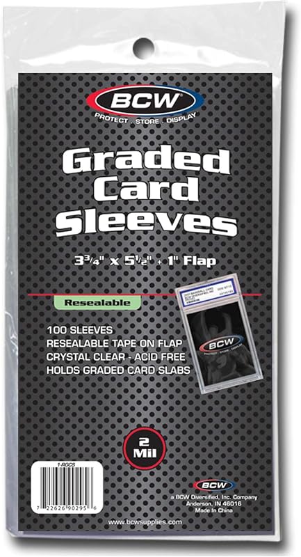 BCW Resealable Graded Card Sleeves, 3 3/4 x 5 1/2, 1-Inch Flap, 100 Count | Acid-free polypropylene sleeves fit slabs compatible with PSA, Beckett, SGC, and CSG, with clear resealable protection.