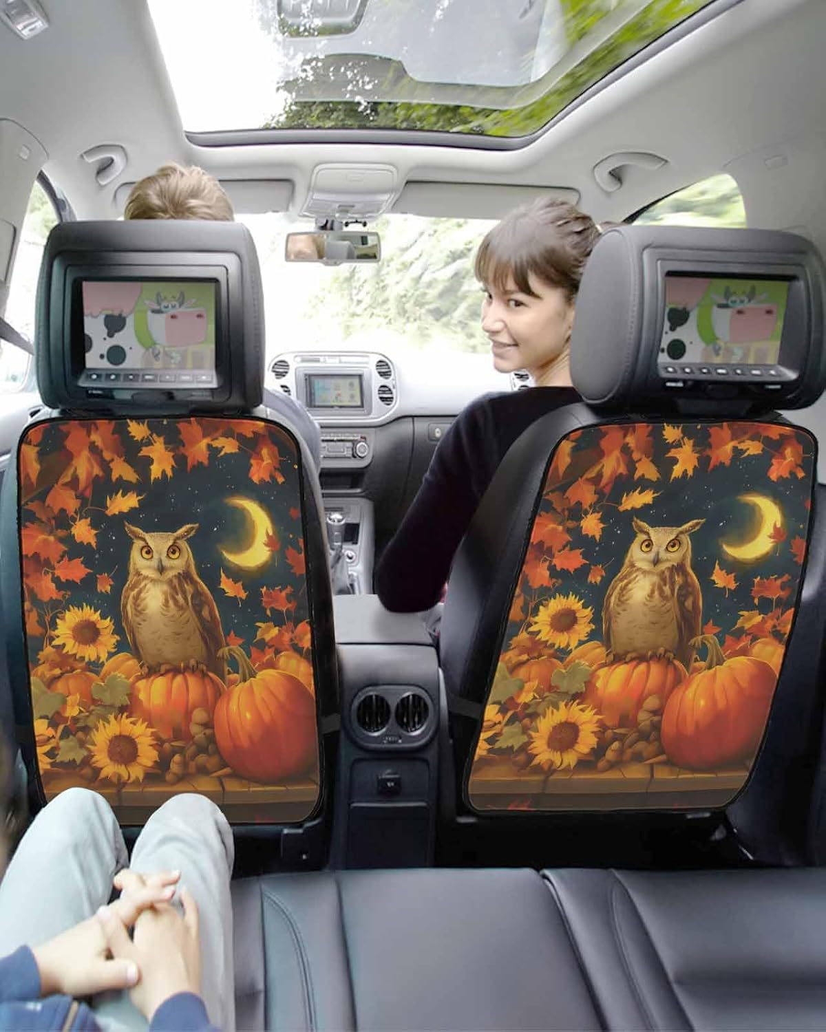 T&H XHome Car Seat Protector, 2 Pack Kick Mats Back Seat Protector Fall Autumn Moon Owl Sunflowers Pumpkin Maple Leaves Waterproof Backseat Cover for Kids Universal Fit Automotive Interior Protectors