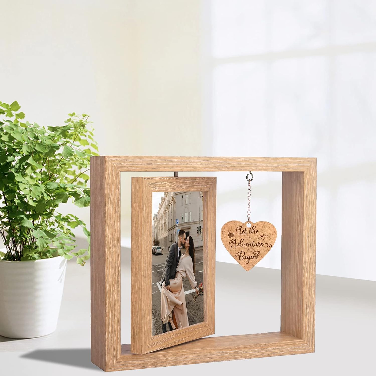 Rotating Floating Let the Adventure Begins Picture Frame, Engagement Gifts for Couples, Rustic 4x6 Floating Picture Frames Cool Wedding Bride to Be Bridal Shower Gifts for Couples Unique 2023 (Romantic Engagement Picture Frames) - Image 7