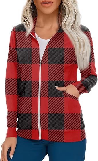 Scrub Jackets for Woman Zip Up Long Sleeve Tops Print Plus Size Womens Scrubs for Women Nursing Shirts with Pockets