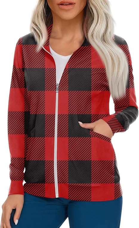 Scrub Jackets for Woman Zip Up Long Sleeve Tops Print Plus Size Womens Scrubs for Women Nursing Shirts with Pockets