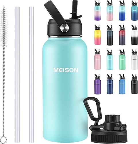 Botella de agua aislada con popote de 32 onzas, botella de agua deportiva de 1 litro, reutilizable, boca ancha, aspiradora de acero inoxidable 188,