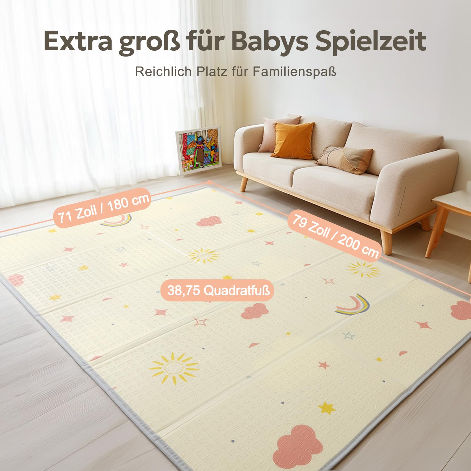 Mallify Krabbelmatte 180x200x1,5cm für Baby, Faltbar & Schadstofffrei, Beidseitig Verwendbare Spielmatte mit Kantenschutz, Kinderzimmer Spielteppich Play Mat, Tragbar & Wasserdicht für Innen & Outdoor