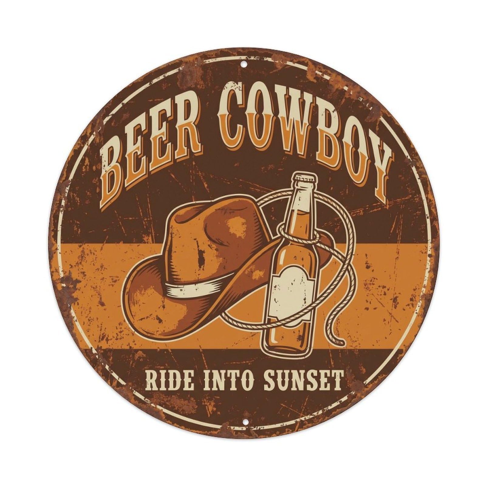 Retro Bar Cowboy Western Garage Beer 1 Metal Tin Sign Plaque Wall Decor for Cafe, Club Bar, Office, Home Garden Round Metal Poster 8x8Inch