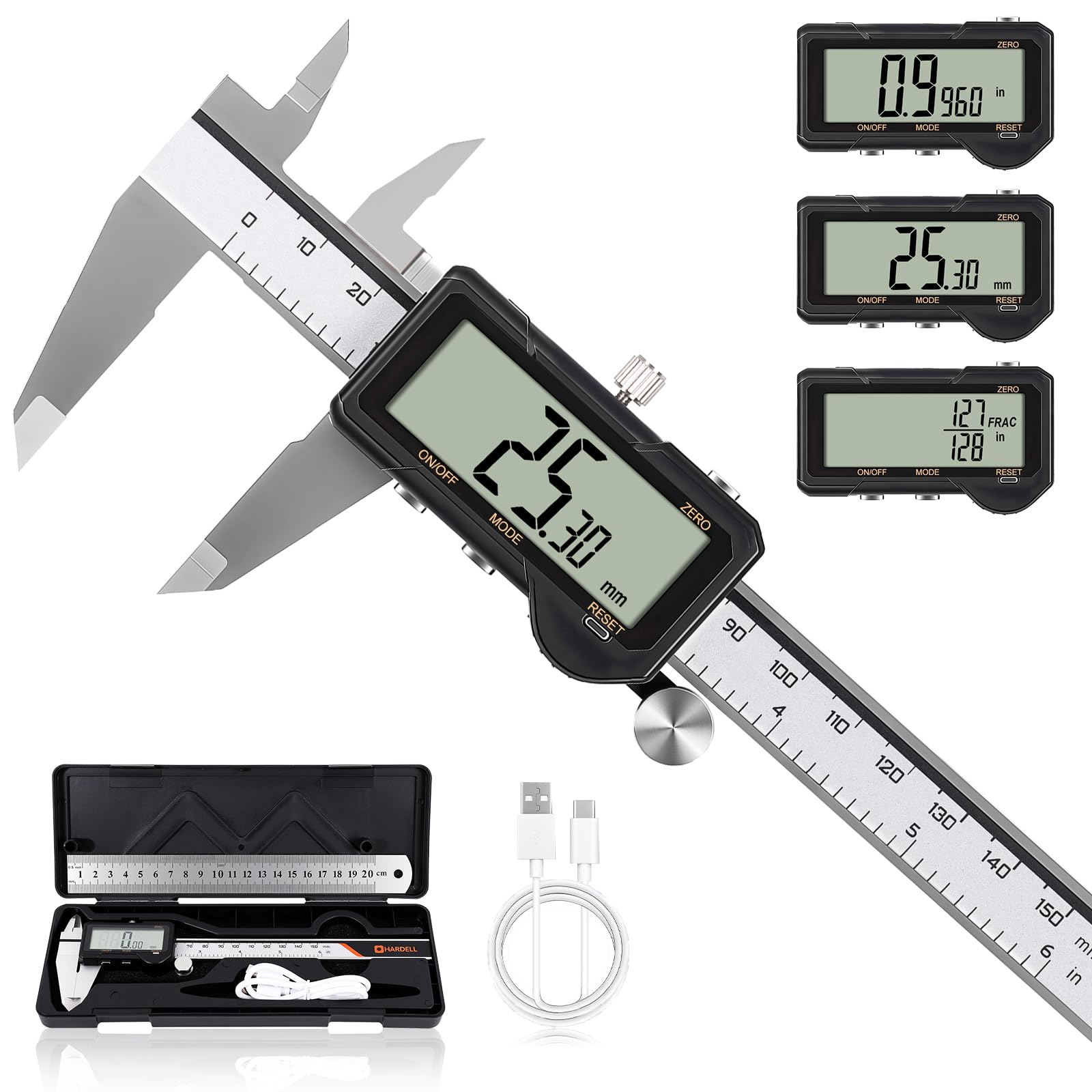 HARDELL Calibrador digital recargable, Pie de Rey Digital de 6 pulgadas con reinicio, herramienta de medición con conversión de mm/pulg/F, apagado automático, micrómetro con pantalla grande
