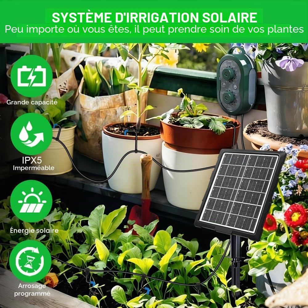 Arrosage Automatique Solaire pour Jardin Kit, Goutte a Goutte Solaire, 132 Modes Arrosage Automatique Interieur, avec 15M Tuyau Arrosage, Arrosage Plante Vacances Balcon Pot de Fleur Plantes