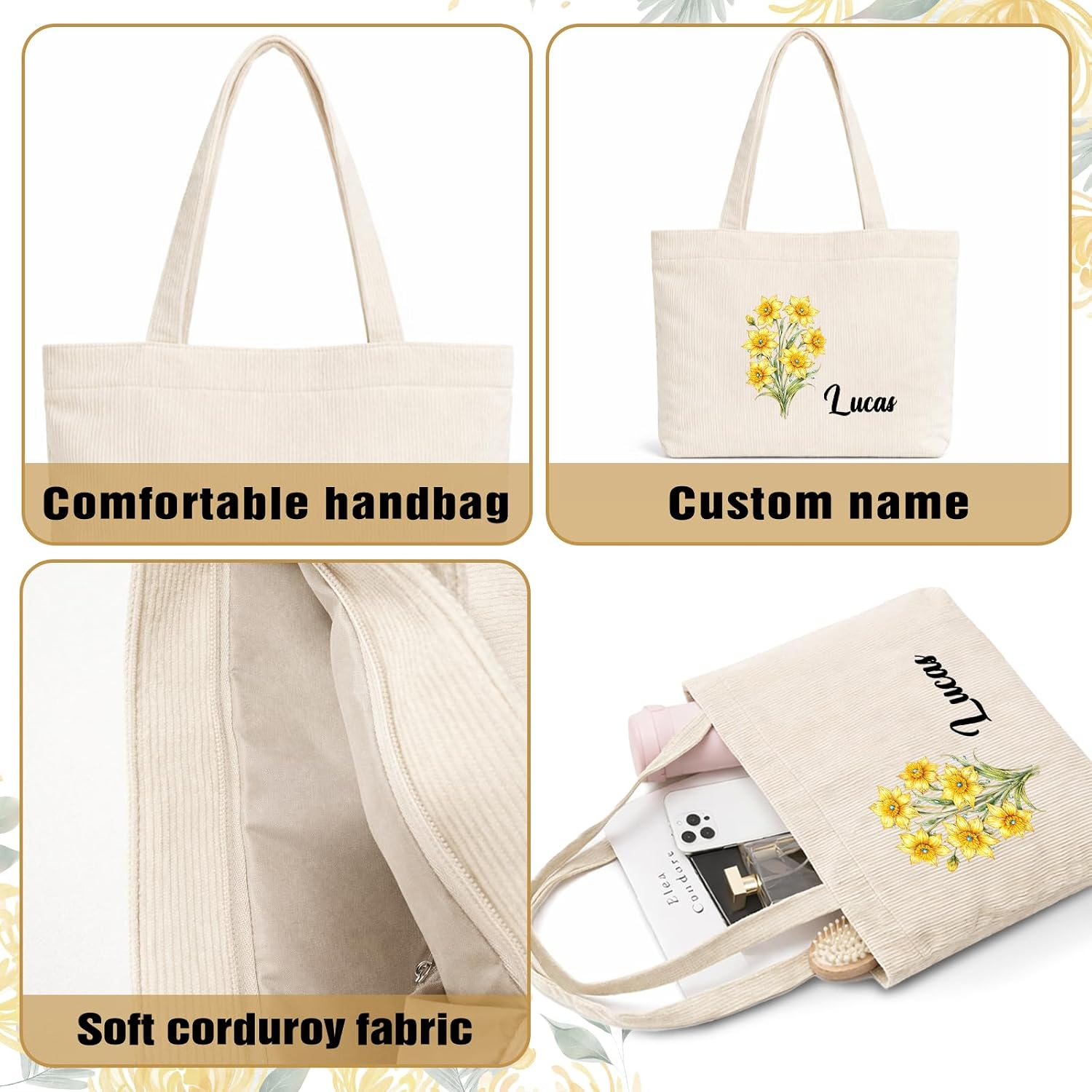 Personalized Corduroy Tote Bag for Women, Custom Name Tote Bag, Work Handbags with Pocket, Mother's Day Birthday Gifts