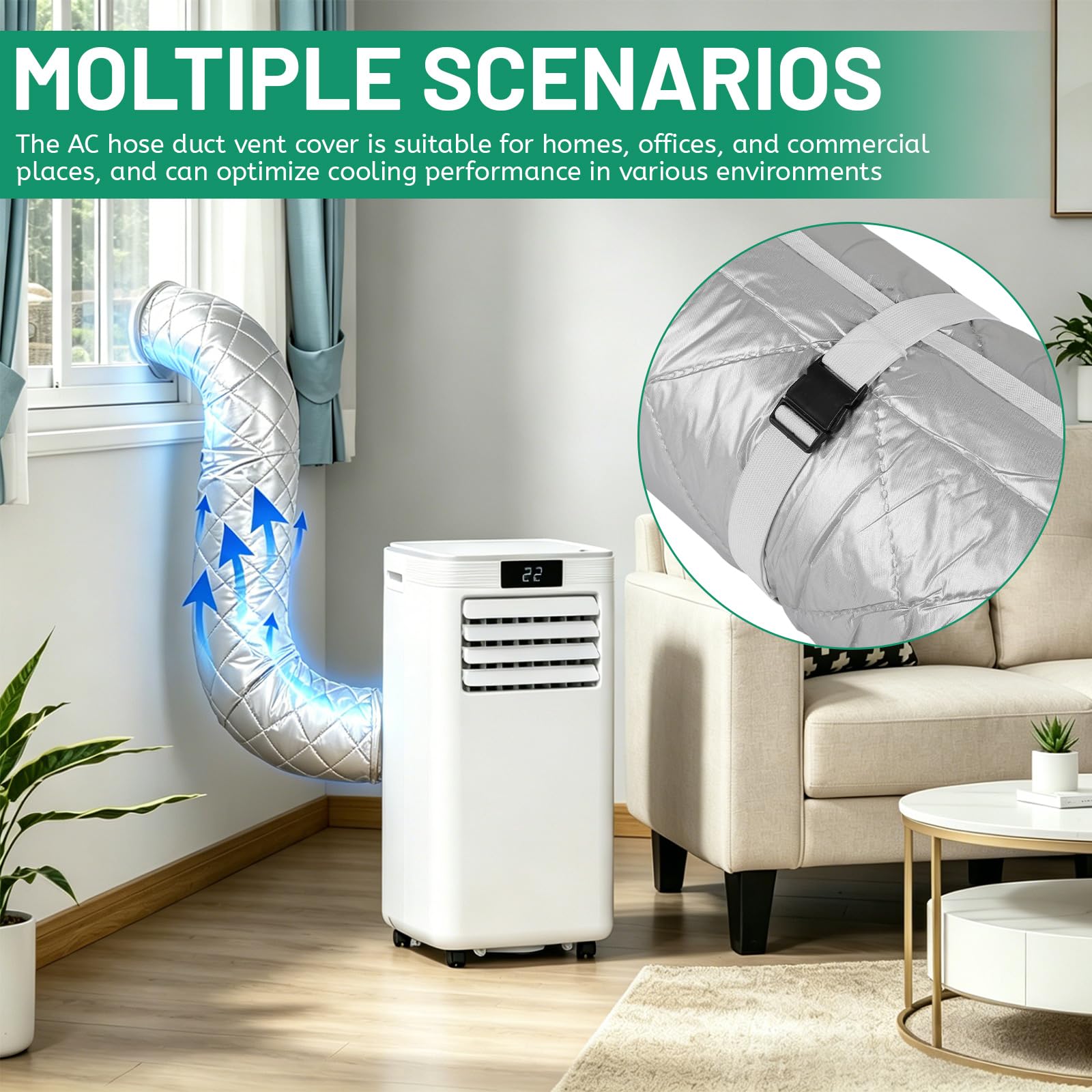 DBREAKS 1 piezas 150 x 58,5 cm Funda de Aislamiento Portátil para Manguera de Aire Acondicionado, con 4 Correas de Hebilla Ajustables, Adapta a Mangueras de 5 y 7 Pulgadas