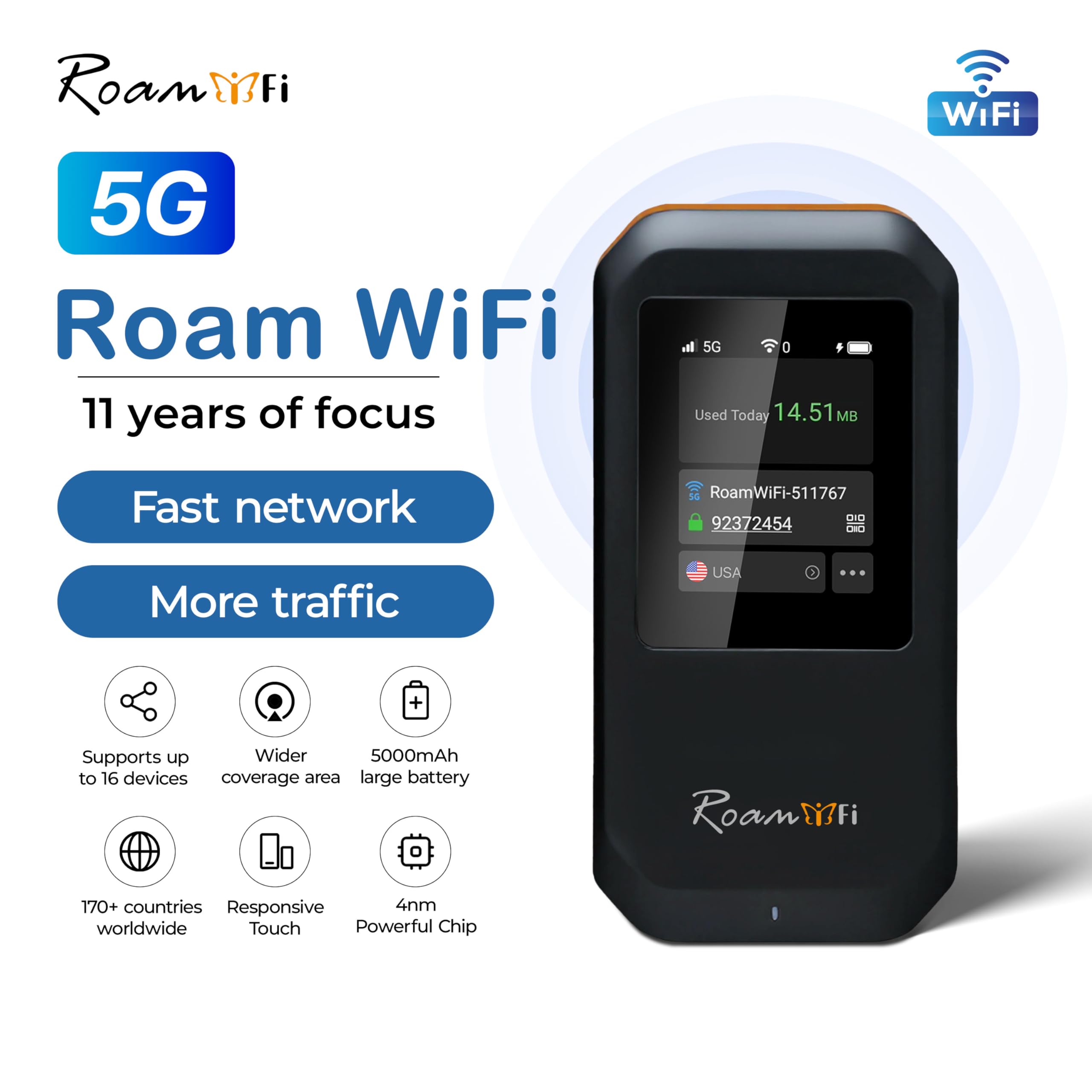 Amazon.com: RoamWiFi 5G Mobile Hotspot WiFi6-4nm Chip | 10GB US/CA