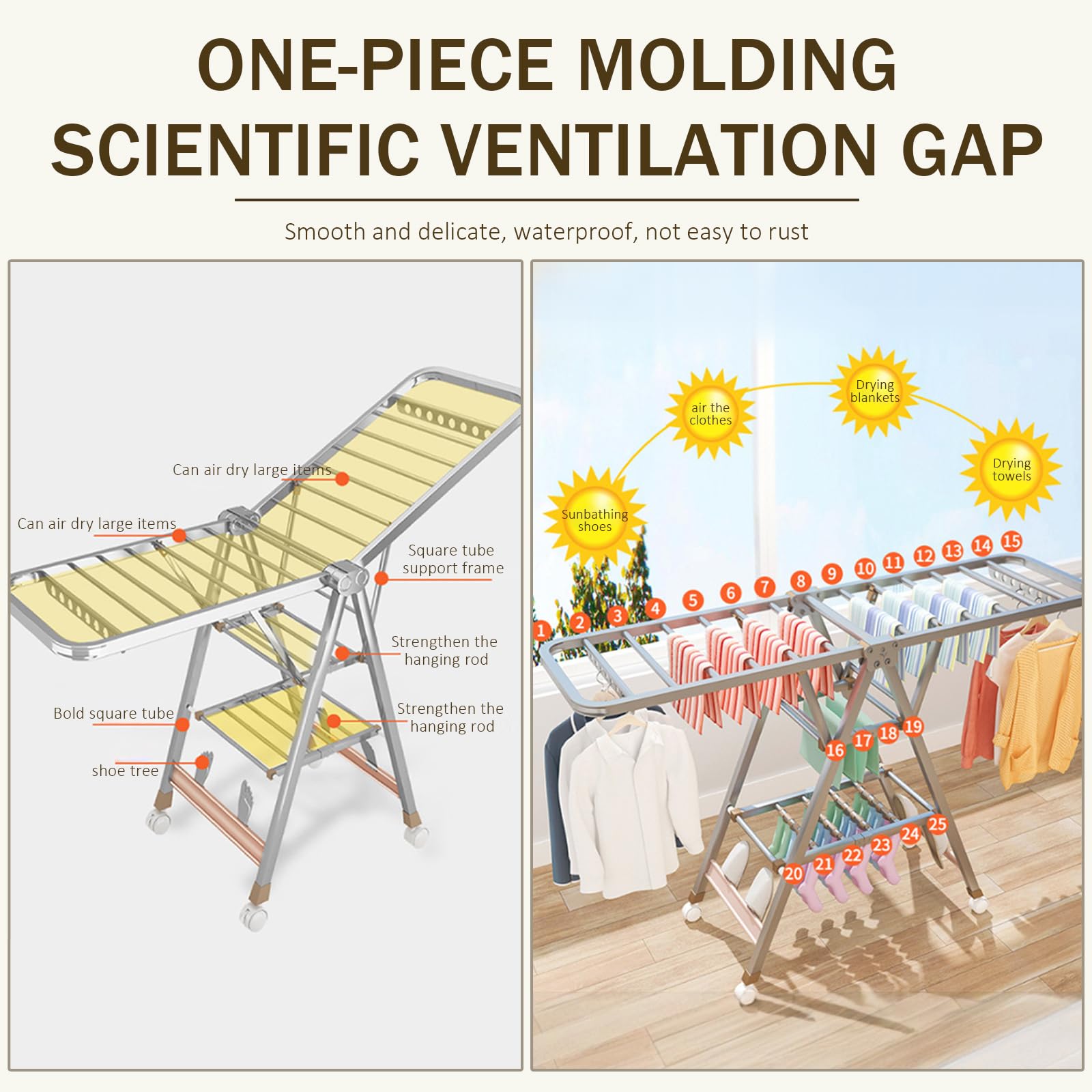 Wäscheständer Aluminium Klappbar, Höhenverstellbarer Wäscheständer mit Windschutz Streifen & Schuhablage, Faltbarer Wäschetrockner für Badezimmer, Balkon & Garten Innen Außenbereich (1,7 Meter)