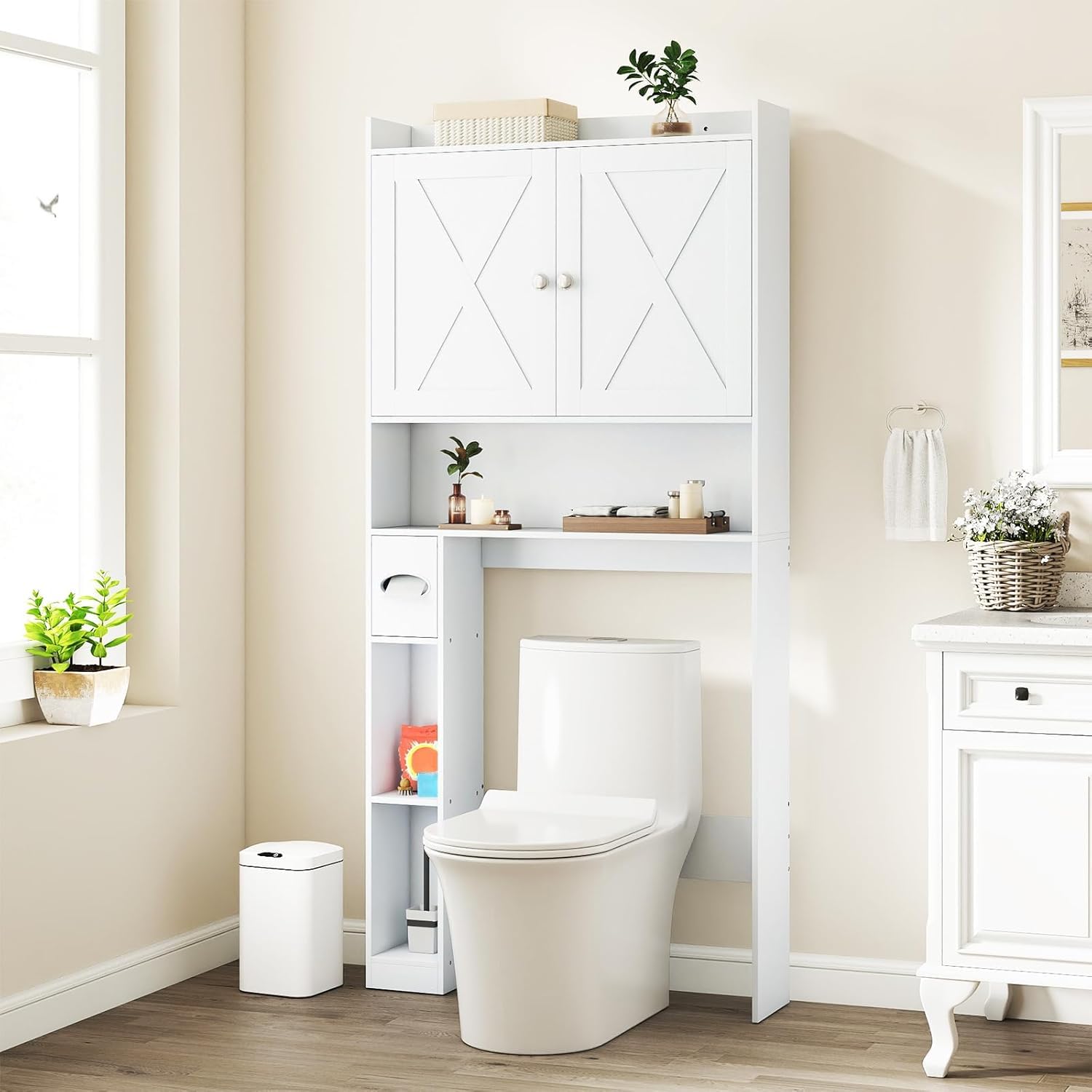 GIANTEX Mueble sobre Inodoro, Armario de Baño con Puertas, Compartimentos Abiertos y Soporte para Papel Higiénico, Estante Inferior Ajustable, 81,5x19,5x172,5cm, Organizador para Lavandería (Blanco)