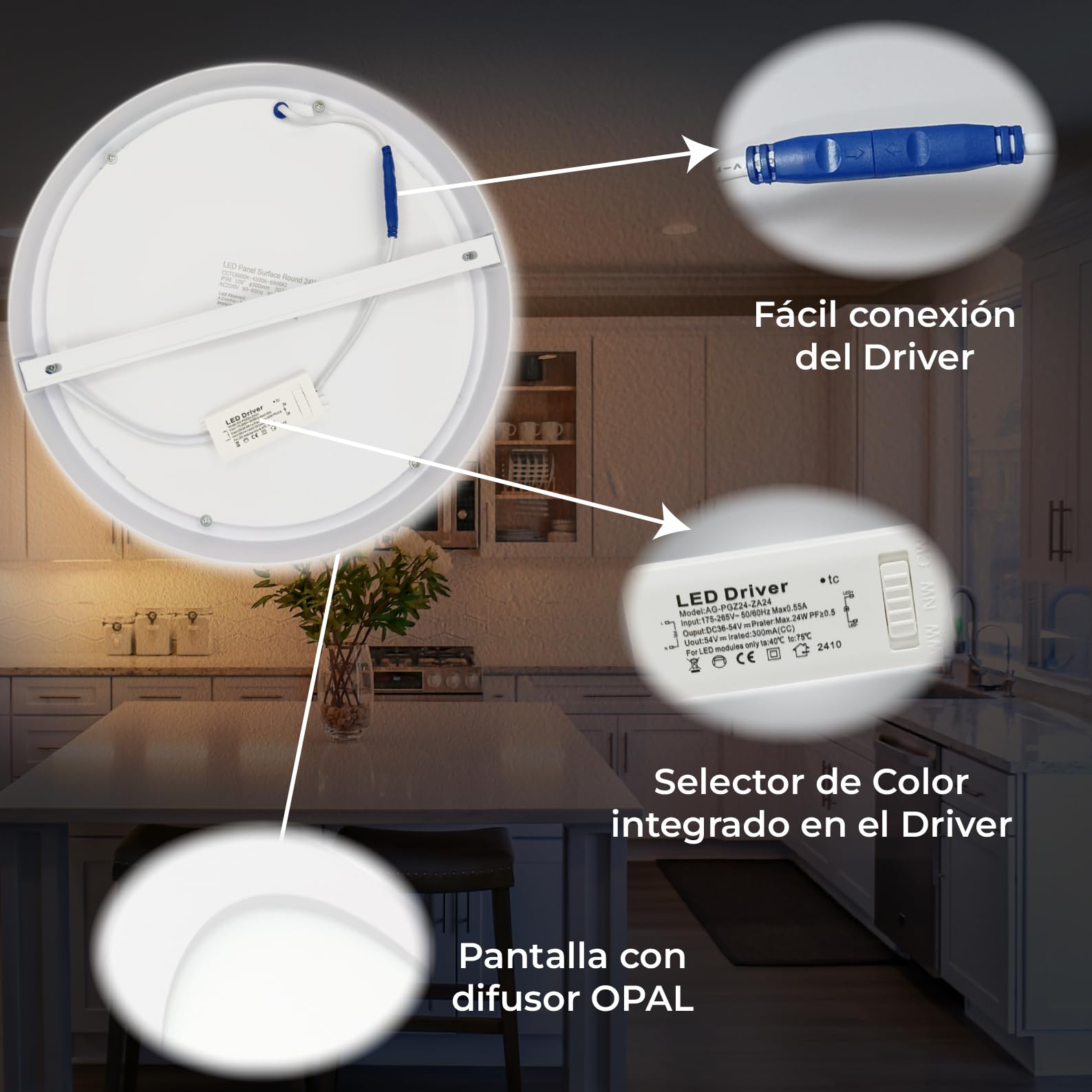 LED ATOMANT 4x Plafon LED Superficie 300mm 24W CCT 3000-6500K 2200lm | Con Selector de color CCT, Driver incluido