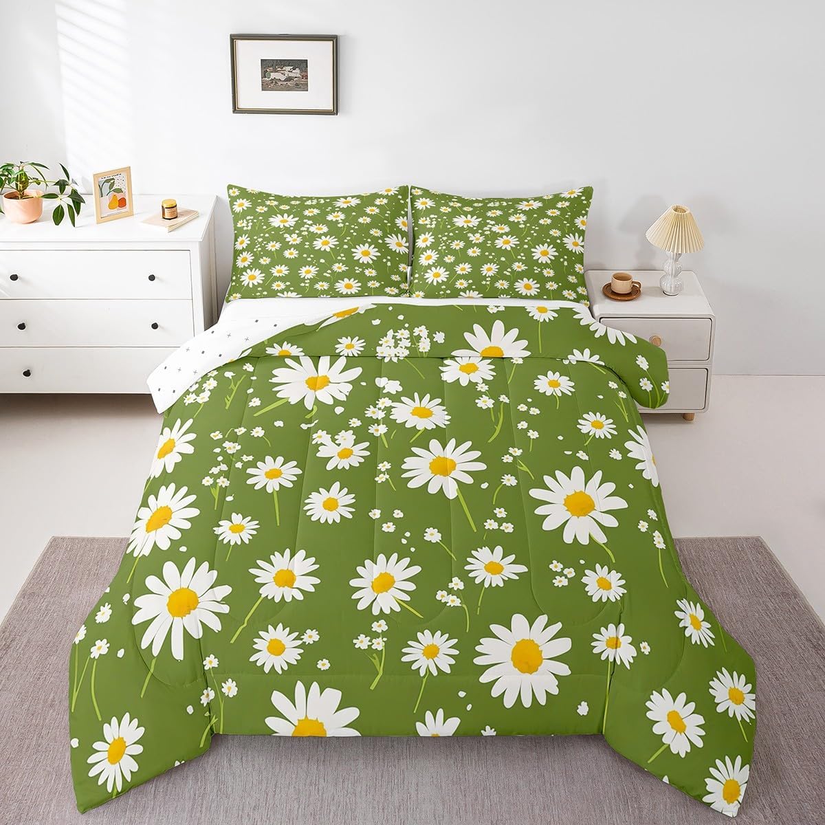 Feelyou Blossom Bedding Set Twin Size Daisy Comforter Set for Kids Boys Girls Decor Botanical Floral Comforter Microfiber Garden Theme Duvet Set Bedroom Natural Quilt Set