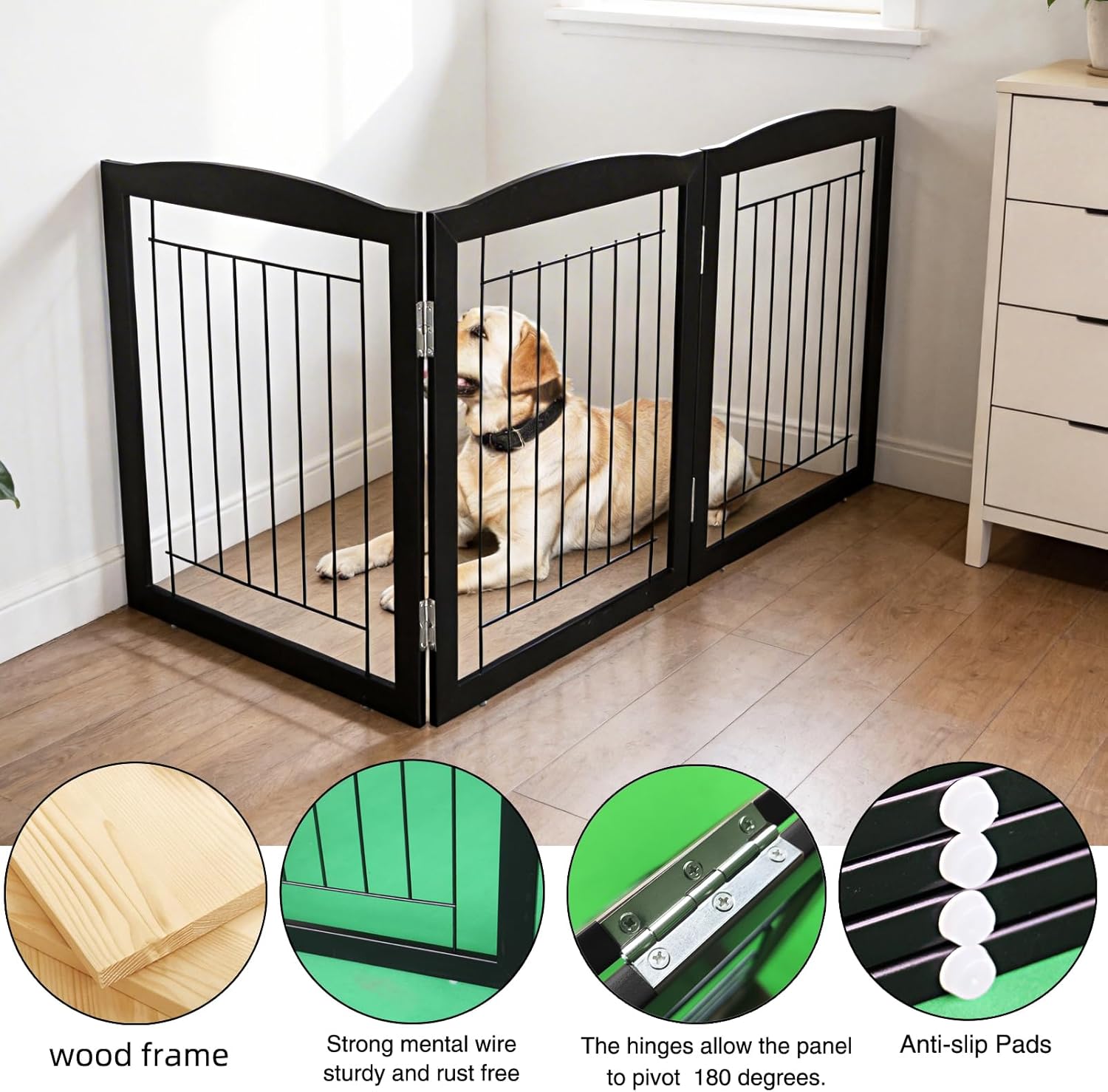 ZJSF Freestanding Foldable Dog Gate for House Extra Wide Wooden Black Indoor Puppy Gate Stairs Doorways Pet Gate Tall Dog Fence 3 Panels Fence