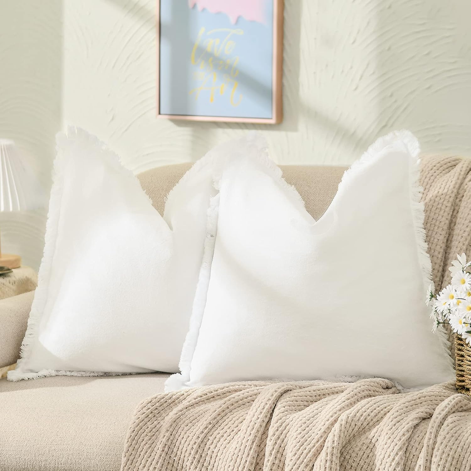 ZWJD Pillow Covers 24x24 Set of 2 Cream Throw Pillow Covers with Fringe Chic Cotton Decorative Pillows Square Cushion Covers for Sofa Couch Bed Living Room Farmhouse Boho Decor Cream 24x24 Inch,Set of 2