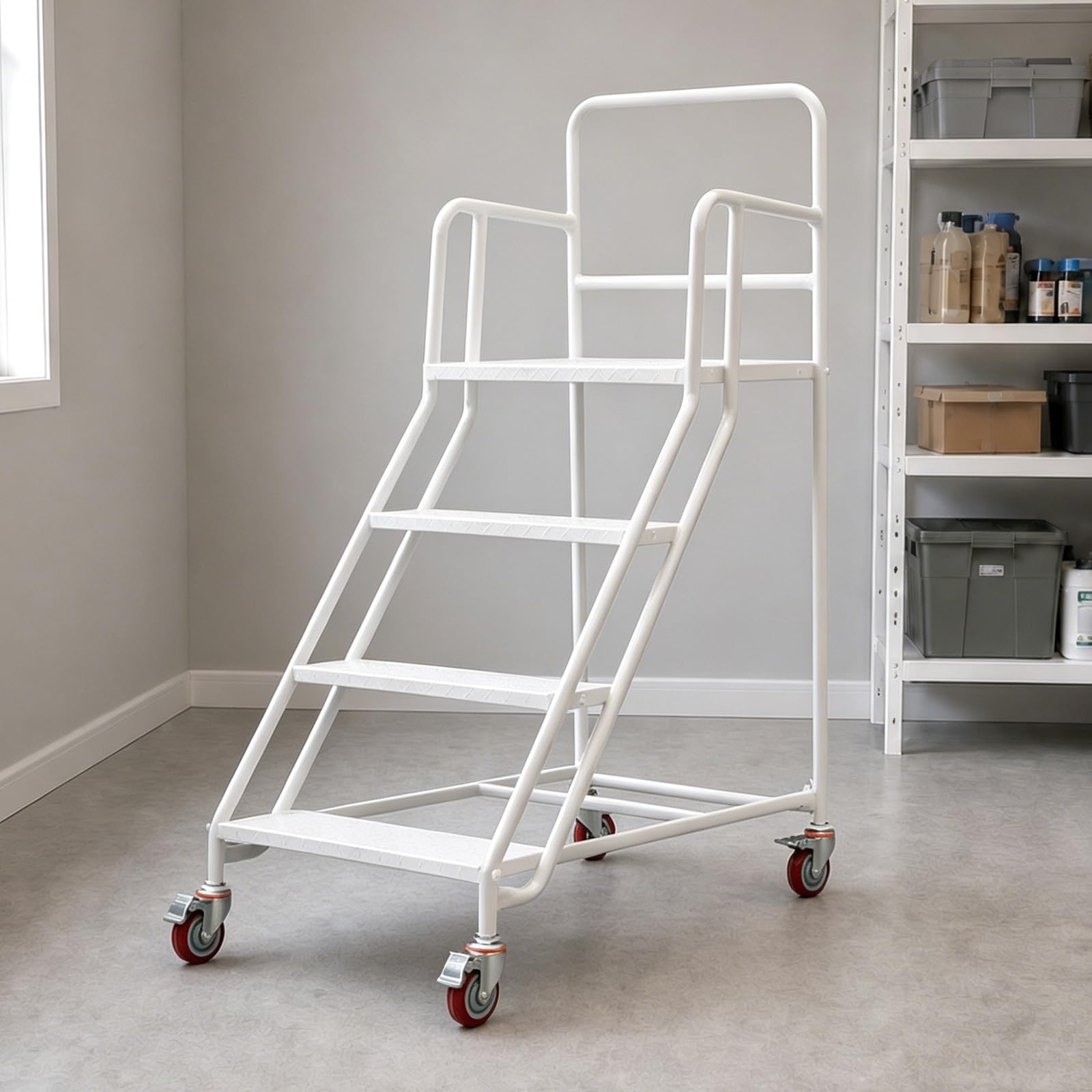 4 Step Rolling Warehouse Step Ladder, Rolling Stairs with Locking Wheels, Movable Platform Ladder, 880 Lbs Weight Capacity, Suitable for Warehouses, Supermarkets and Libraries (White, 4 Steps)