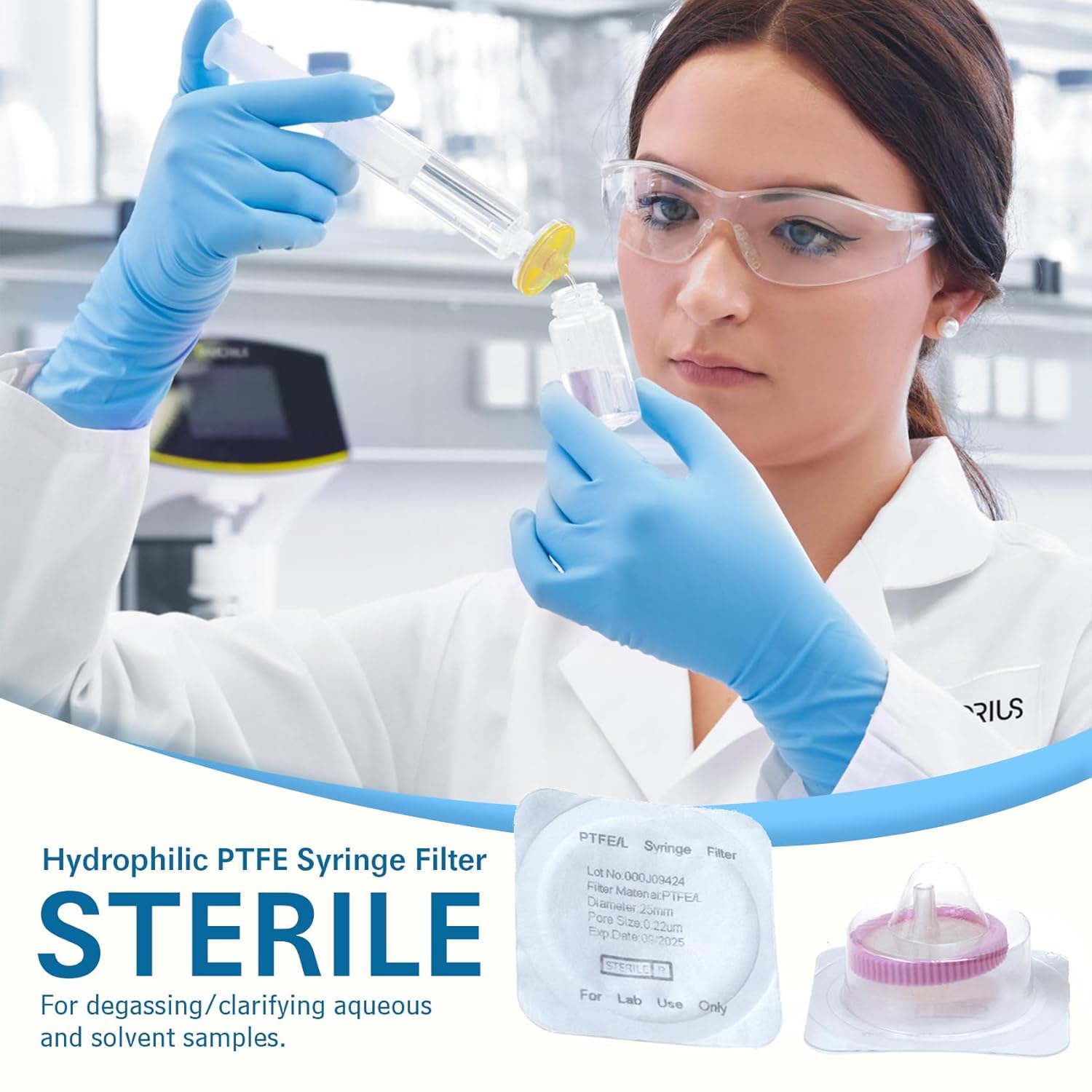 Lot de 20 Filtres à Seringue Stériles en PTFE Hydrophile de 25 mm de Diamètre et Taille de pores de 0,22 μm, Filtre à Aiguille HPLC et GC, Filtration en Laboratoire à Haut Débit