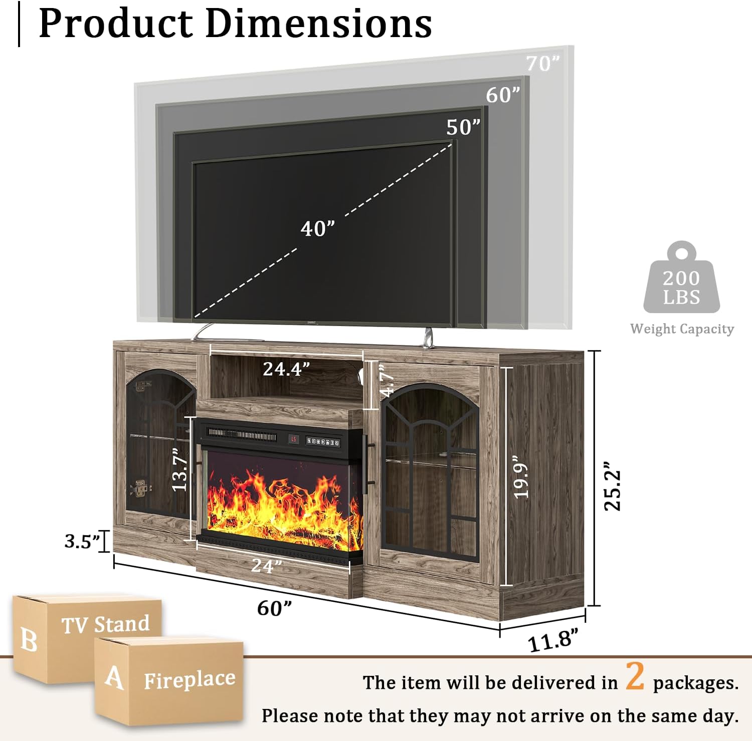Fireplace with TV Stand 3 Sided Glass Electric Fireplace Up to 70" TVs, 60" Modern Entertainment Center with Adjustable Flame and LED Lights, Wood TV Console with Storage for Living Room, Gray