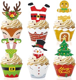 72Pcs Christmas Cupcake Toppers and Wrappers Double-sided Christmas Cupcake Decoration Gingerbread Santa Claus Snowman Reindeer Elf Cupcake Decorations for Winter Birthday Party Favors