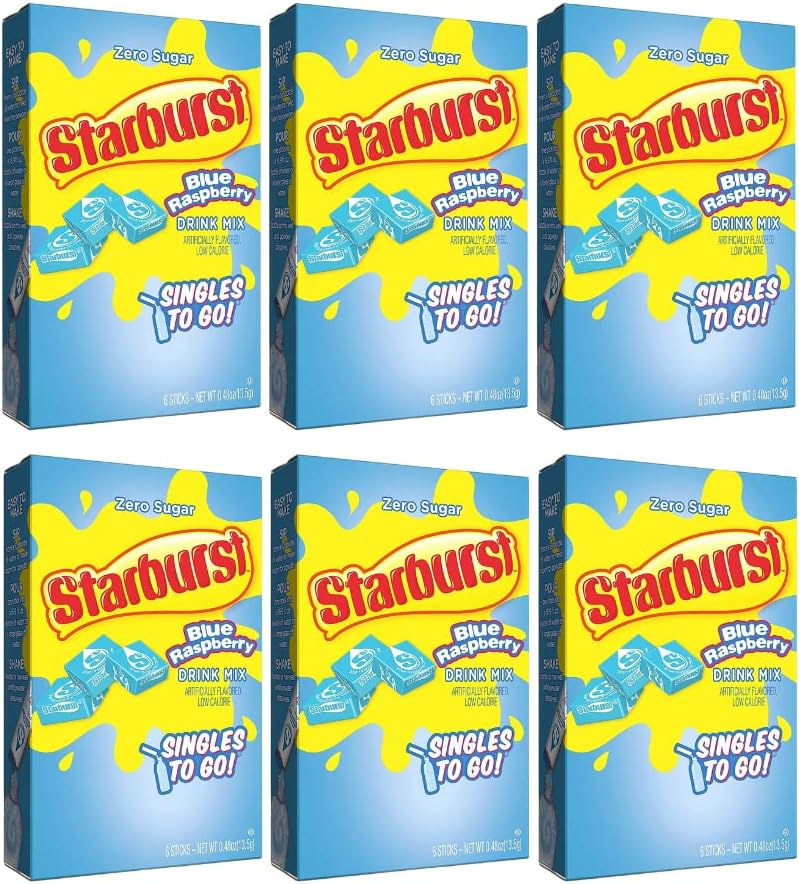 SINGLES TO GO! Starburst Go Powdered Drink Mix, Blue Raspberry, 6 Boxes with 6 Packets Each - 36 tal Servings, Sugar-Free Drink Powder, Just Add Water, 6 count (Pack of 6)