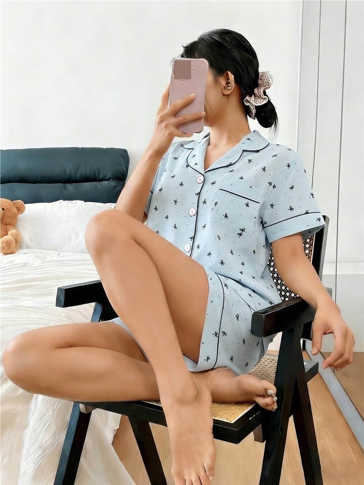 Pijamas for Mujer, cárdigan con Solapa, Pantalones Cortos de Manga Corta, Conjunto 2 Piezas, Ropa casa Estampado Lunares y Lazo Bonito for Primavera Verano para Descanso en casa