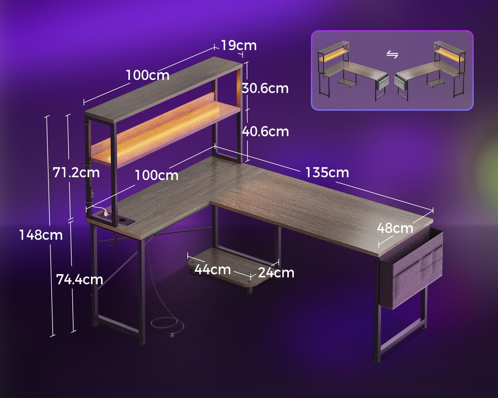Coleshome Scrivania Gaming con LED e Prese, 135 × 100 cm Scrivania Gaming Angolare Reversibile con Scaffali Portaoggetti, Tavolo Angolare con Borsa Portaoggetti per Giocatori, Grigio Rovere