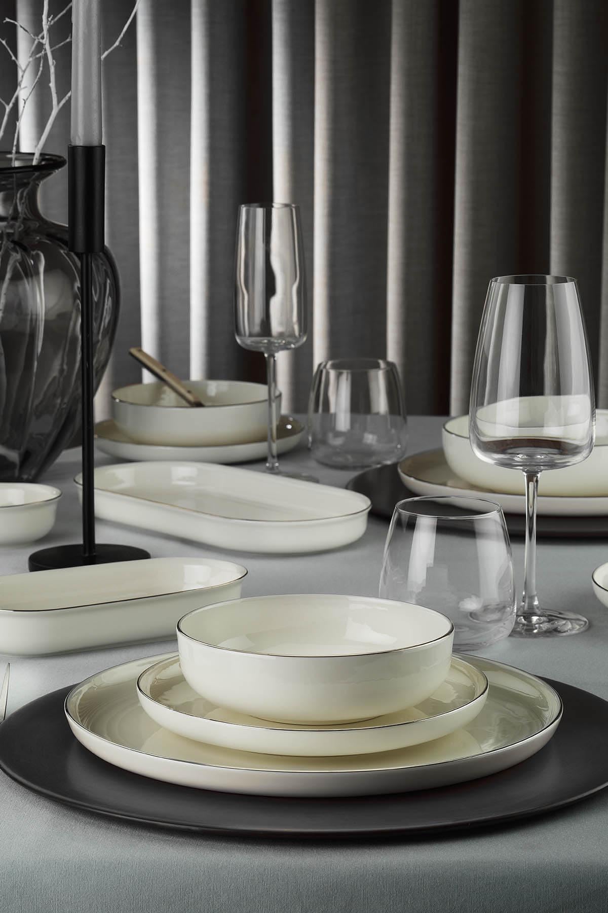 Vajilla de Porcelana de 26 Piezas - Kütahya Porselen Bone Moderna Platino para 6 Personas – Vajilla exclusiva color blanco y plata
