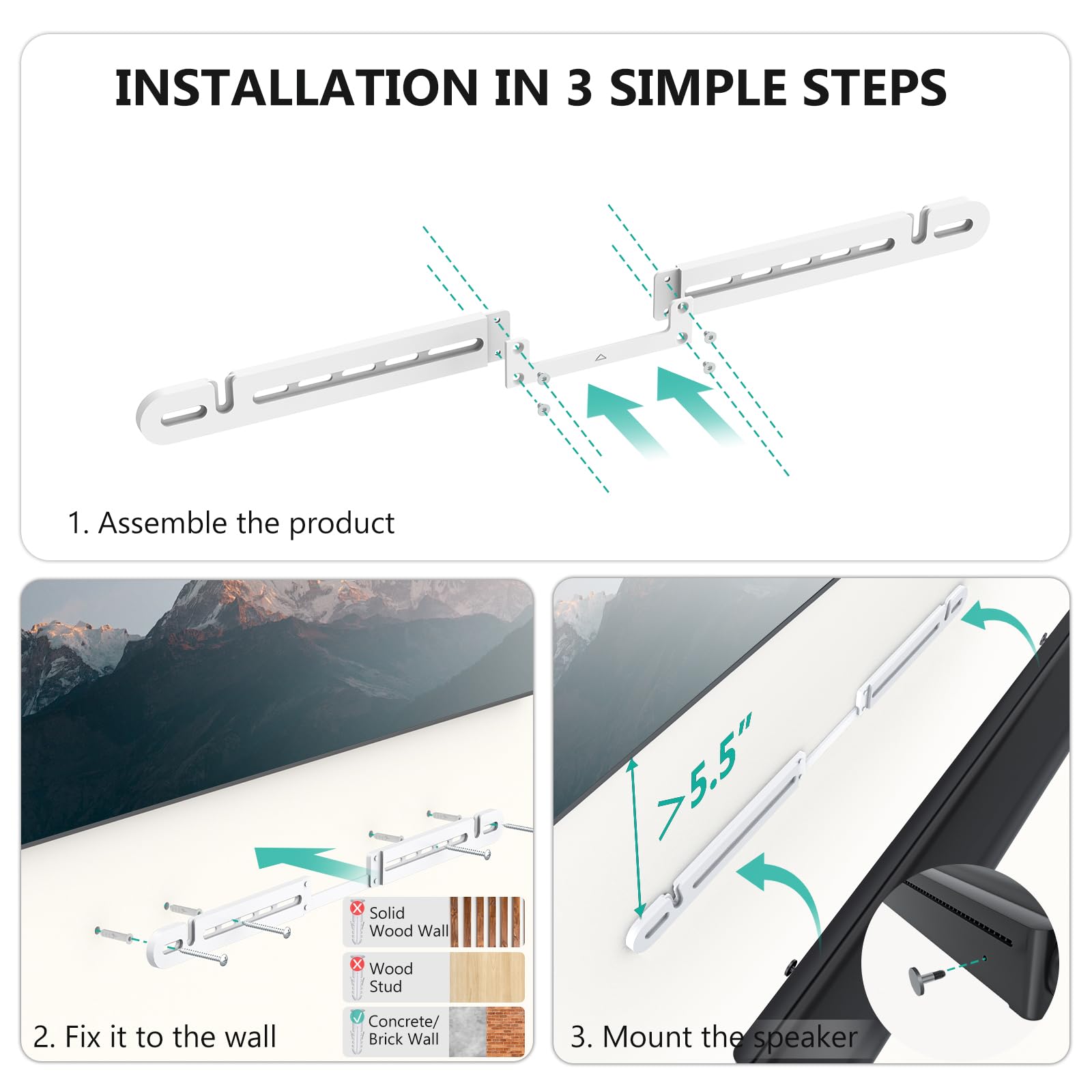 WALI Support mural pour barre de son, conçu pour Sonos Arc, support de barre de son à profil bas sous TV avec kit de matériel, facile à installer (SON003-W), blanc