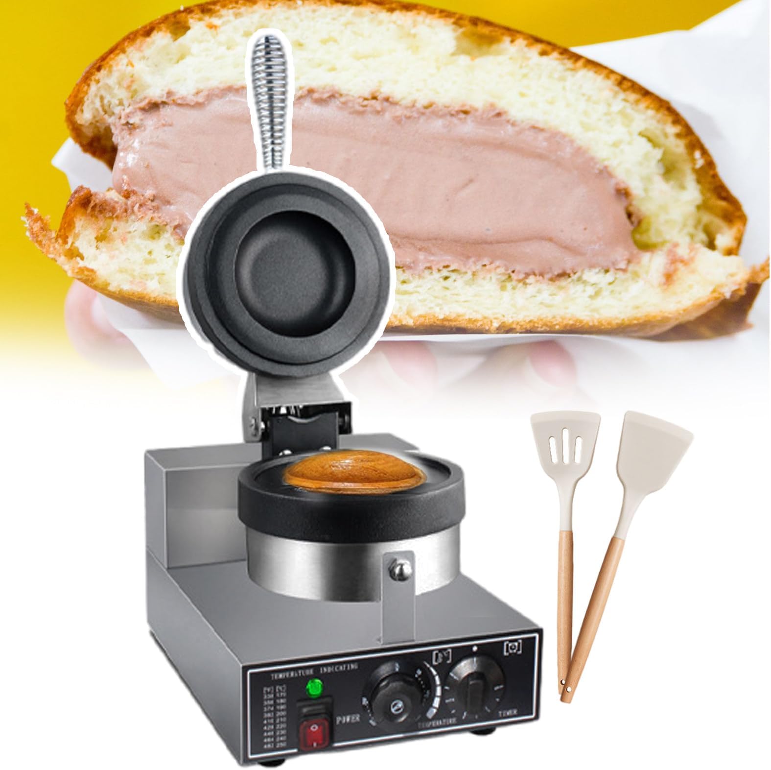 Ice Cream Topping Waffle Maker, 1200 Watts, Sandwich Maker, Double-sided Constant Temperature, Comes with 2 Silicone Spatulas, Suitable for Burger Shops.