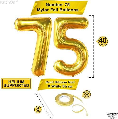 Miniatura 4 de KatchOn, Globos dorados gigantes del número 75 de 40 pulgadas  Globos dorados de cumpleaños 75 para decoraciones de cumpleaños de 75 años para