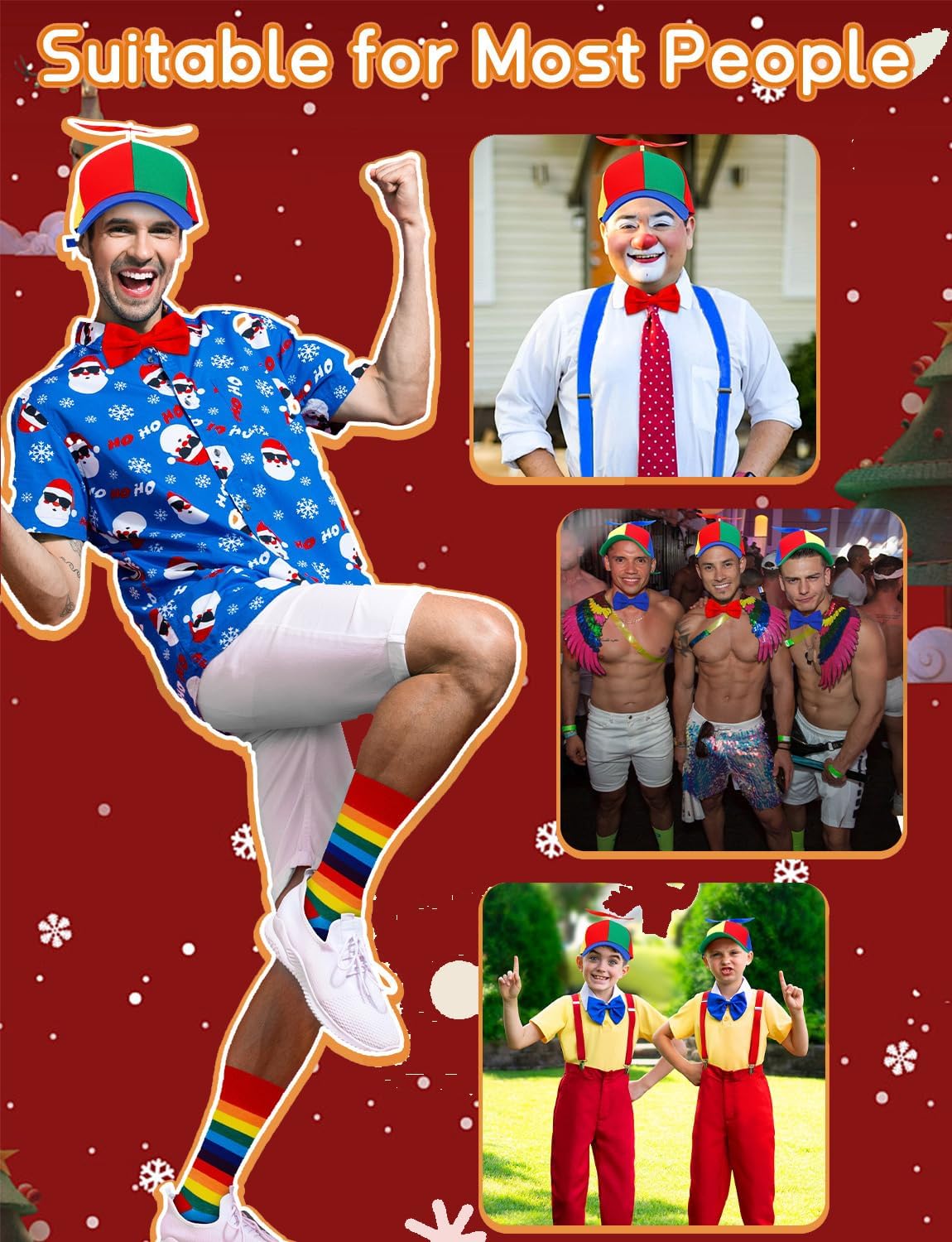 6 Pcs of Propeller Hat Adult, Tweedle Dee and Tweedle Dum Costume Include 2× Adjustable Elastic 2 × Y Back Style Suspenders and Adjustable Bow Tie for Adult Men Women