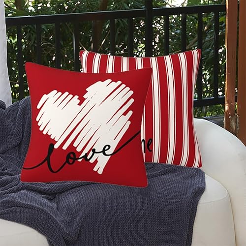 Miniatura 6 de Juego de 4 fundas de almohada para el día de San Valentín de 18 x 18 pulgadas, diseño de corazón rojo a rayas, fundas de cojín para el día de San