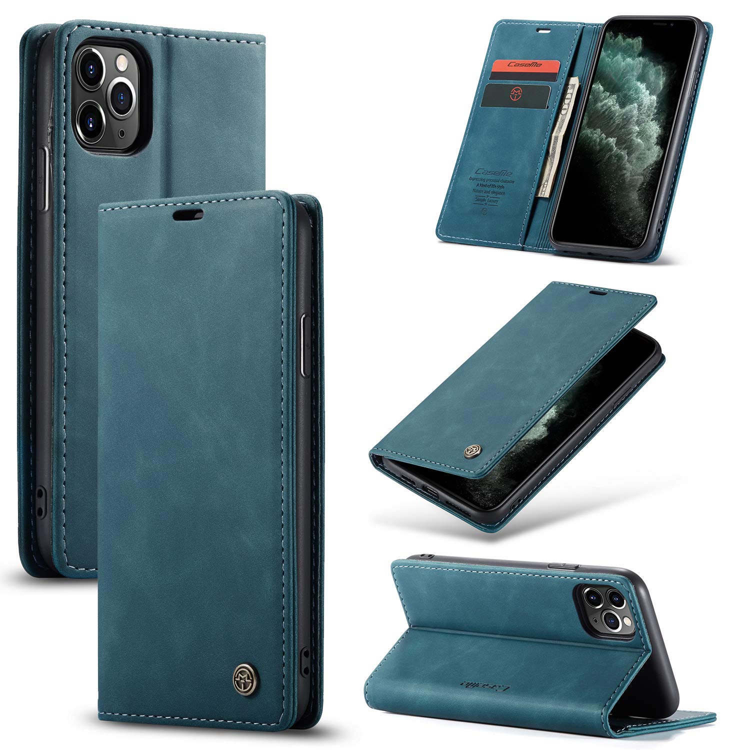 Funda para iPhone 11 Pro Case, Carcasa Protectora Antigolpes Case, Soporte Plegable, Ranura para Tarjeta, Cover Cuero PU Carcasa iPhone 11 Pro, Azul-Verde