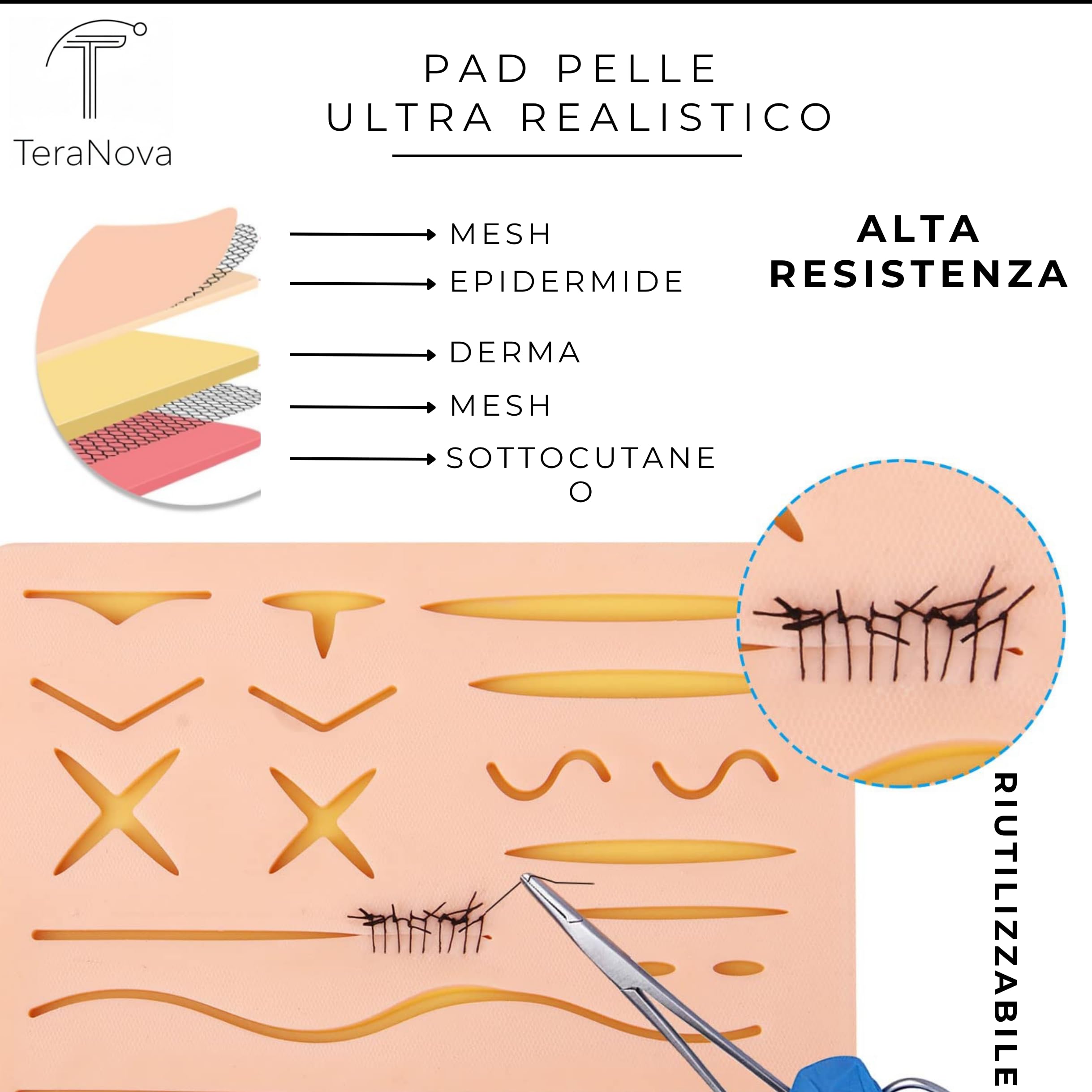 Kit di Sutura Completo 33 Pezzi per Studenti di Medicina, Infermieristica e Veterinaria – Cuscinetto Silicone 3 Strati con 14 Ferite, 6 Strumenti, 24 Fili (4 Tipi), 3 Lame, Ebook e Corso Video