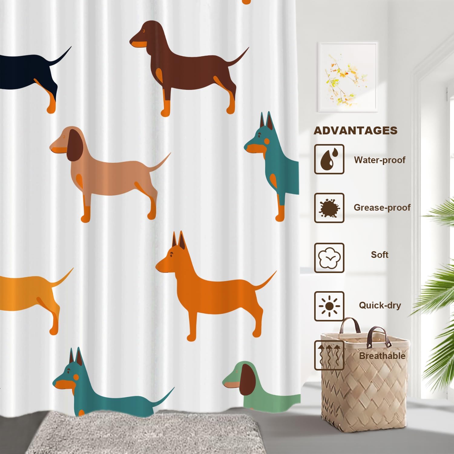 Cute Dachshund Decor Shower Curtain Set,Dog Small Puppies Textile Animal Hunter Polyester Shower Curtain for Shower Stall Bathroom Waterproof with 12 Hooks 72x72 Inch