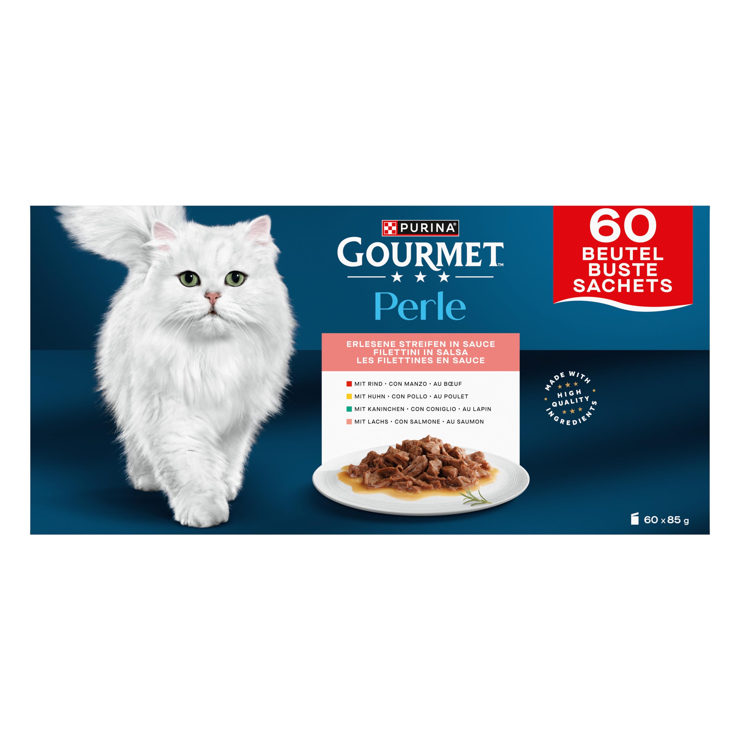 Purina Gourmet Perle Delicias en Salsa, Comida Húmeda para Gato con Pollo y Buey, 60 sobres de 85g