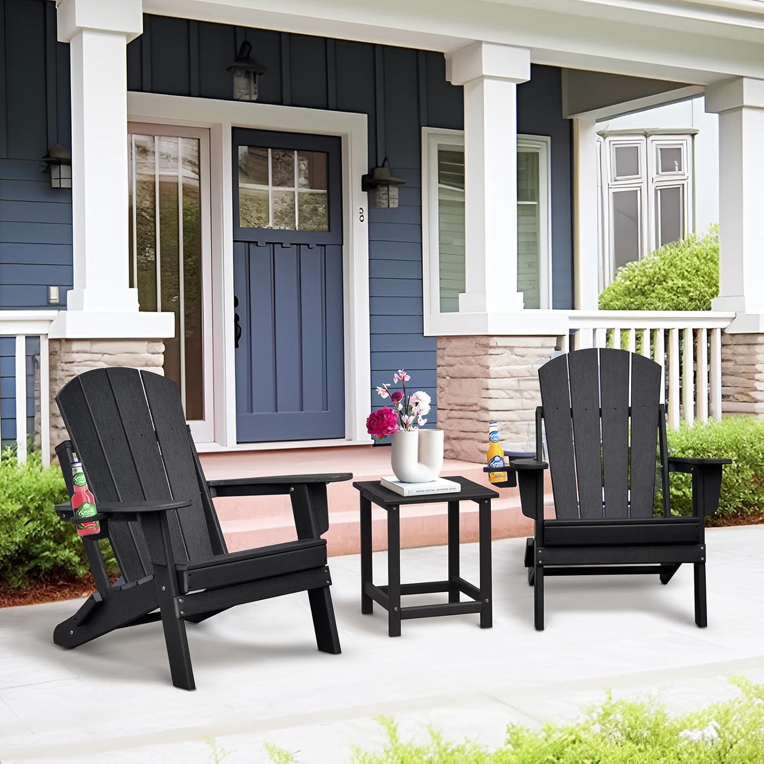 Skypatio 3 Pieces Folding Adirondack Chairs Set, Weather Resistant Adirondack Chairs Set of 2 with Cup Holder, 1 Side Table, 380 lbs Weight Capacity Portable Patio Fire Pit Chairs (Black)