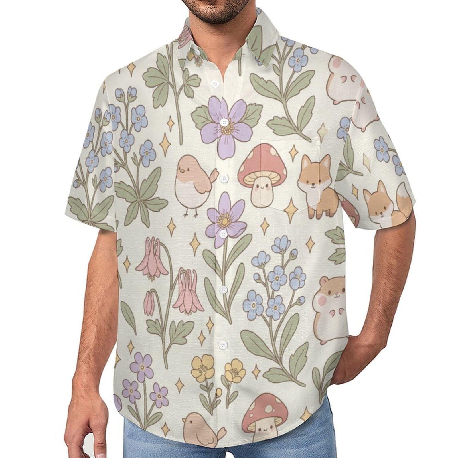 Camicia da Uomo a Maniche Corte con Bottoni, Stile Carini con Stampa Animali Piccoli Fiori, vestibilità Regolare, Camicie da Spiaggia Estiva Hawaiano, Aloha