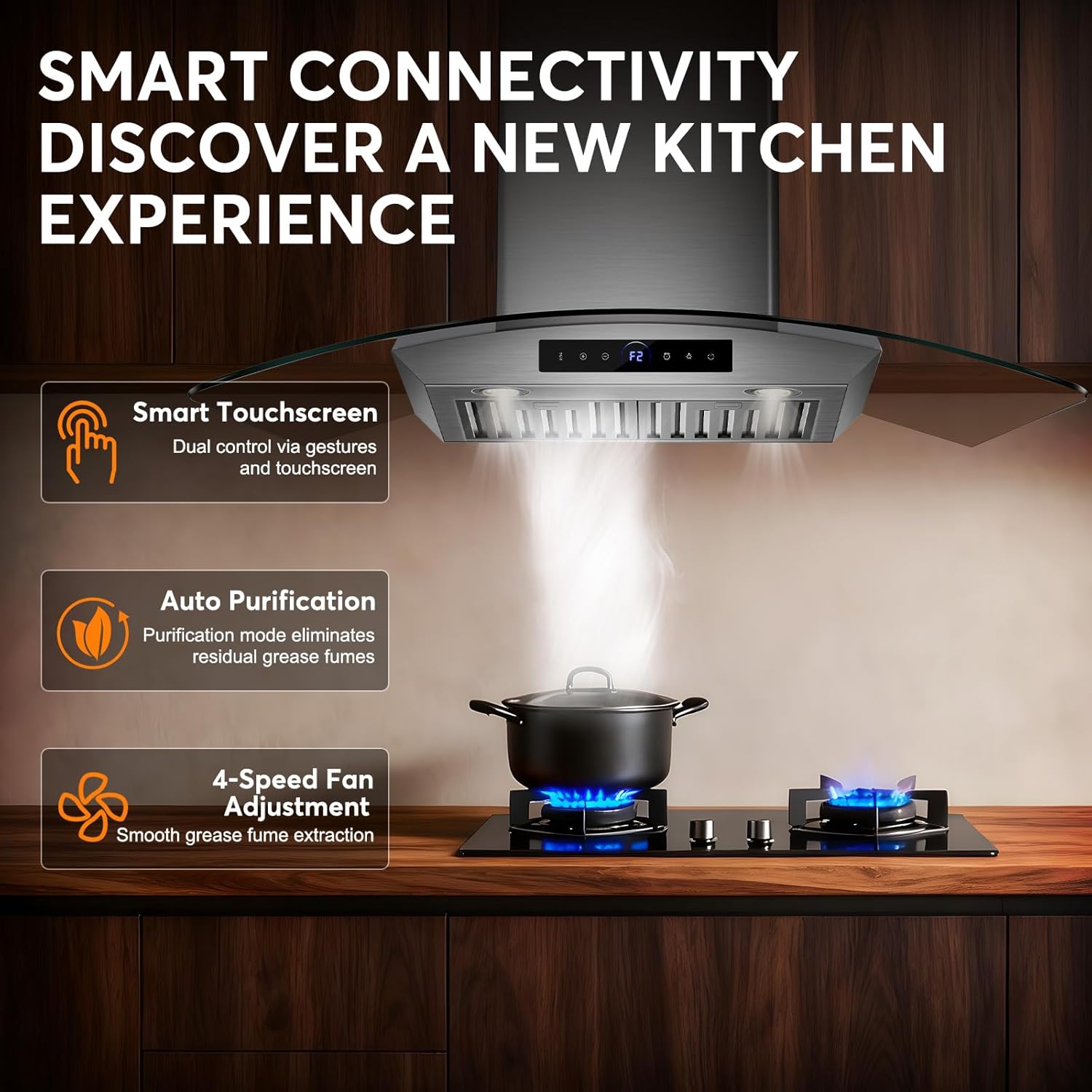 36 Inch Wall Mount Range Hood 1200 CFM, 4-Speed Wall Mount Range Hood with Touch Control & Gesture Sensing Stainless Steel Kitchen Stove Vent Hoods with 2 LED Lights Pro Series