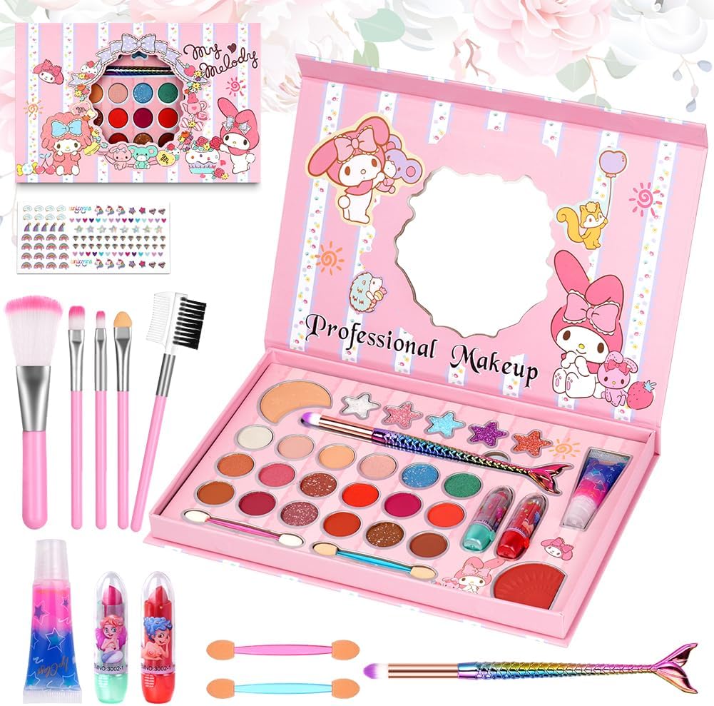 Aomig Kids Makeup Sets for Girls, 37 Pcs Washable Children’s Make Up Kit with 8 Brushes, Non-Toxic Cosmetic Beauty Set Gift for Kids, Princess Pretend Play Games Toys Birthday