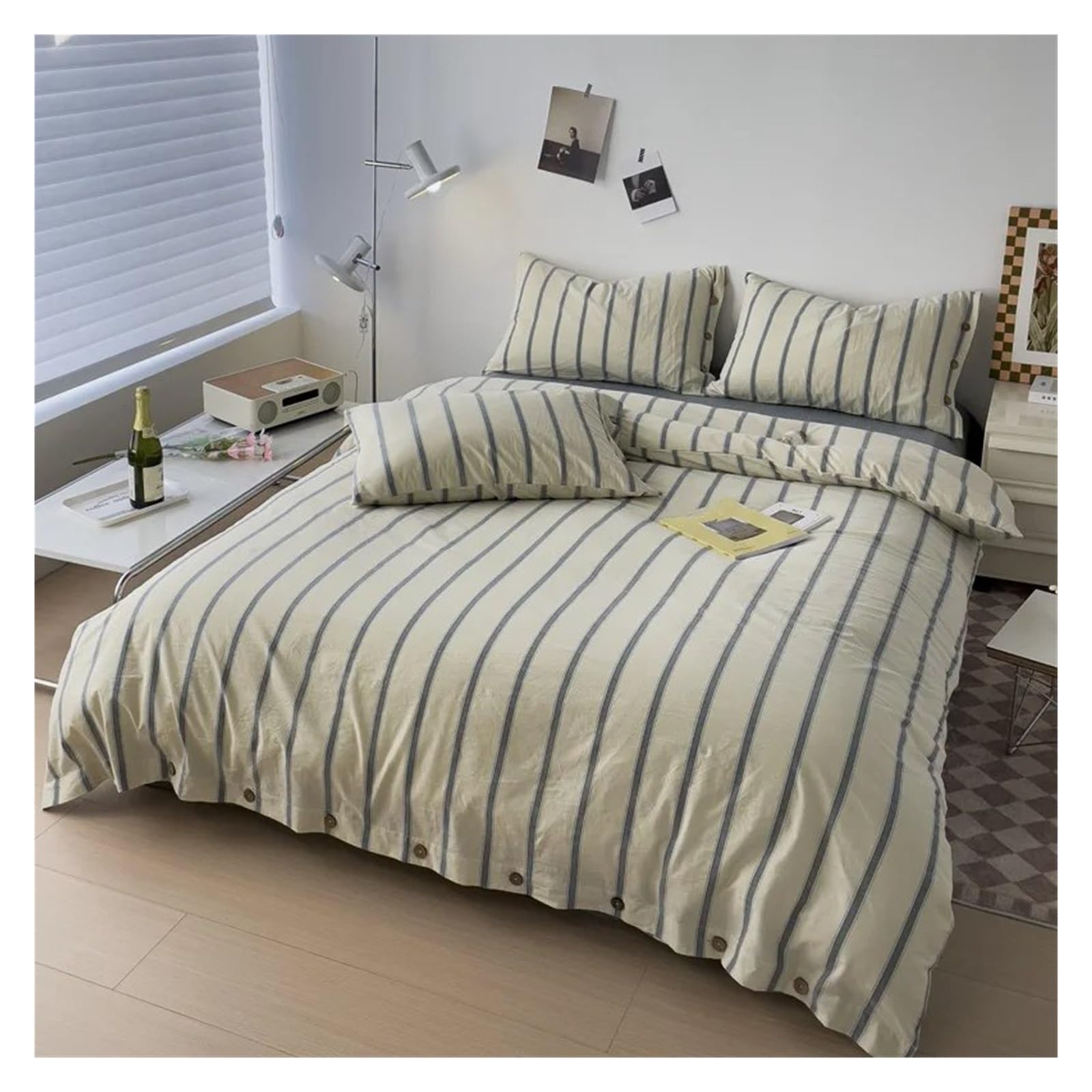 Ensembles de literie coton avec drap housse de couette Queen et taie d'oreiller design à boutons