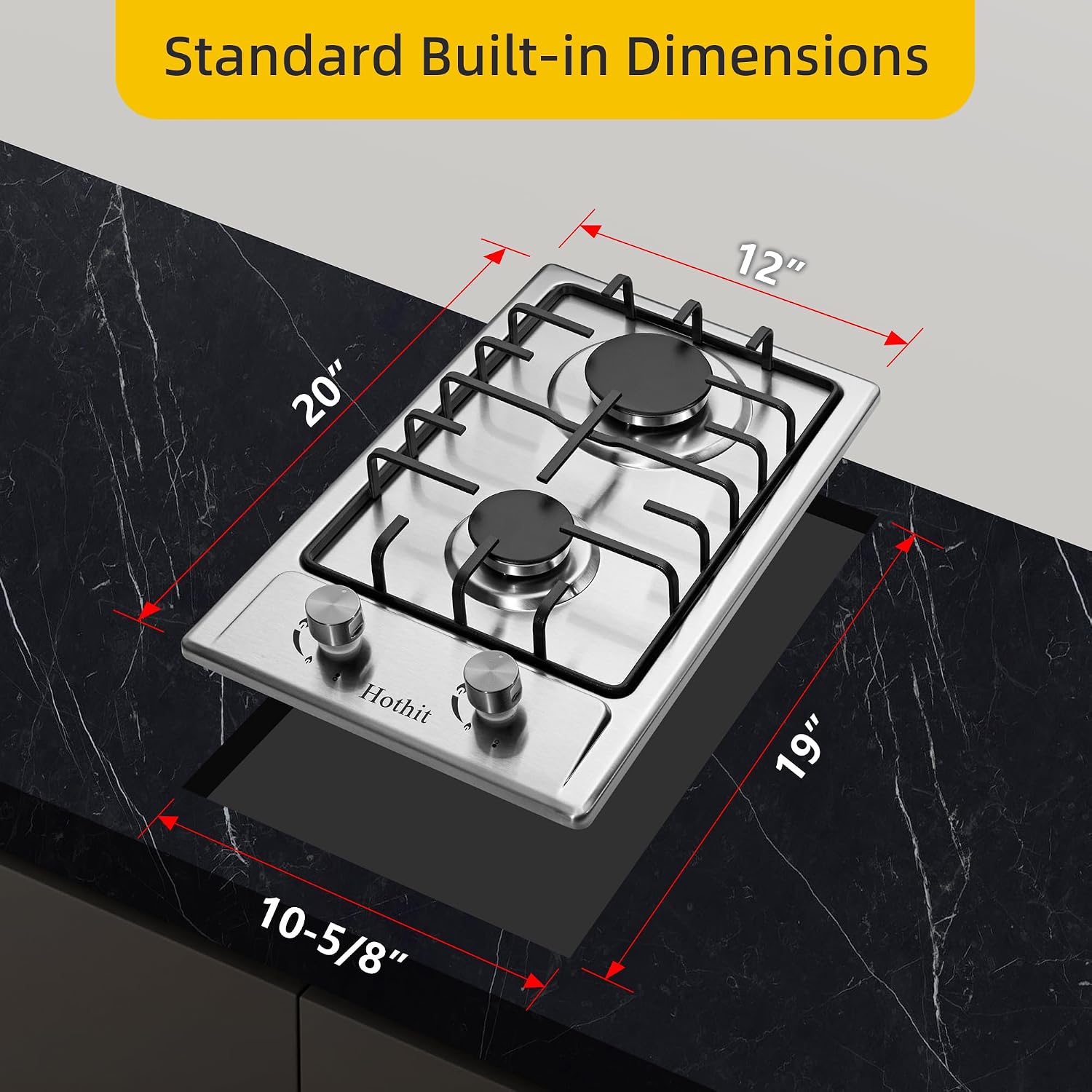 2 Burner Propane Gas Cooktop, 12" Inch LPG/NG Dual Fuel Built-in Gas Stove Top, Stainless Steel Electronic Ignition Gas Hob for Apartment, Outdoor, RVs