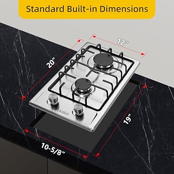2 Burner Propane Gas Cooktop, 12 Inch LPG/NG Dual Fuel Built-in Gas Stove Top, Stainless Steel Electronic Ignition Gas Hob for Apartment, Outdoor, RVs